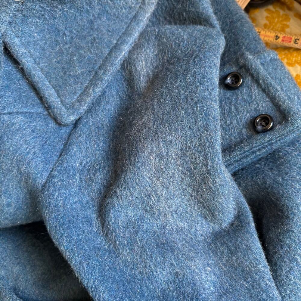 1970s Mod Blue Wool Double Breasted Pea Coat Dramatic Collar Med Vintage Jacket - Picture 5 of 13